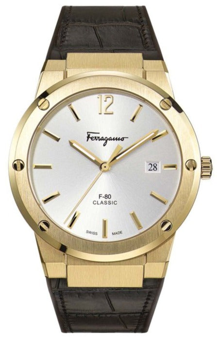 Salvatore Ferragamo F-80 Classic Silver Dial Brown Leather Strap Watch for Men - SFDT00419