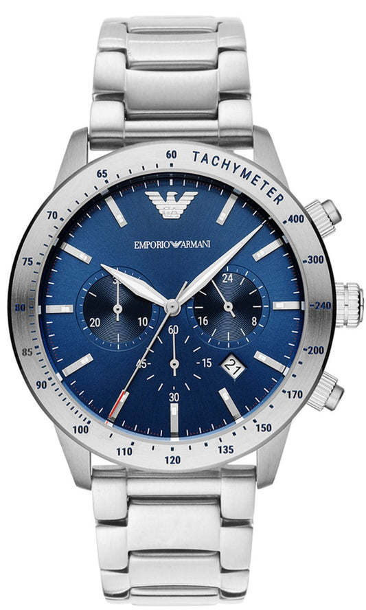 Emporio Armani Mario Chronograph Blue Dial Silver Steel Strap Watch For Men - AR11306