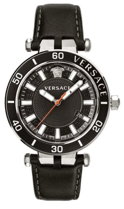 Versace Greca Sport Quartz Black Dial Black Leather Strap Watch For Men - VEZ300221