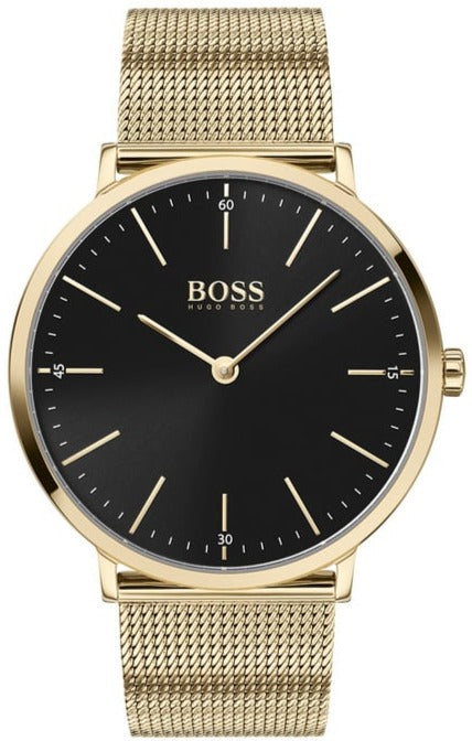 Hugo Boss Horizon Quartz Black Dial Gold Mesh Bracelet Watch For Men - 1513735