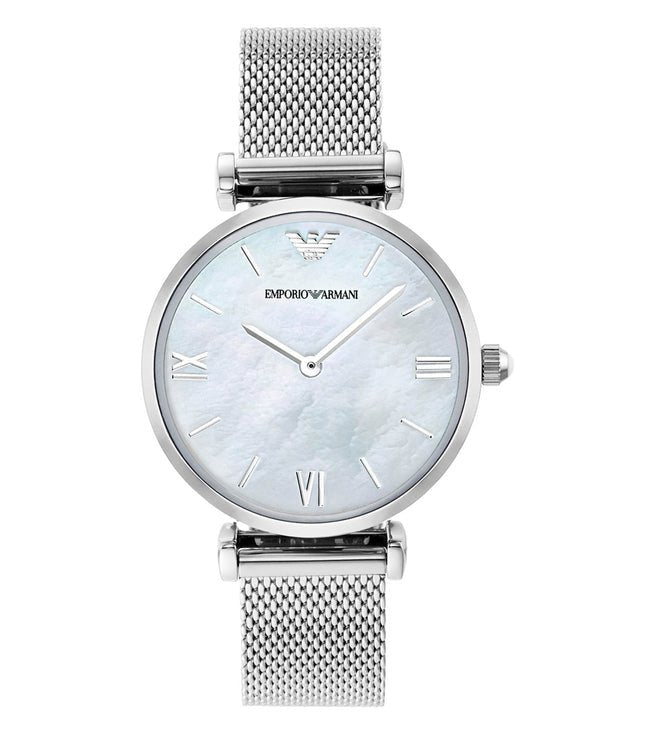 Emporio Armani Gianni T Bar Mother of Pearl Dial Silver Mesh Bracelet Watch For Women - AR1955