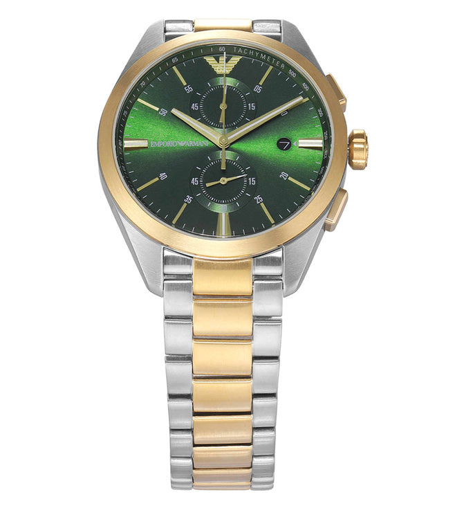 Emporio Armani Claudio Chronograph Green Dial Two Tone Steel Strap Watch For Women - AR11511