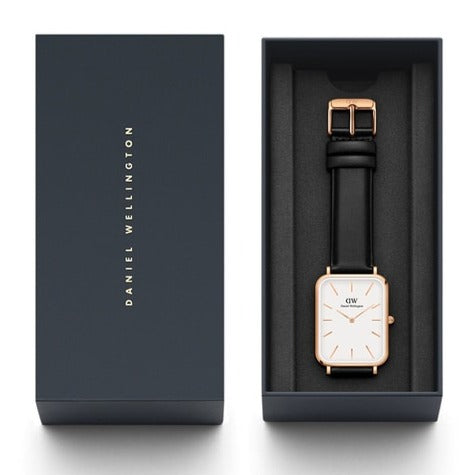 Daniel Wellington Quadro White Dial Black Leather Strap Watch For Women - DW00100450