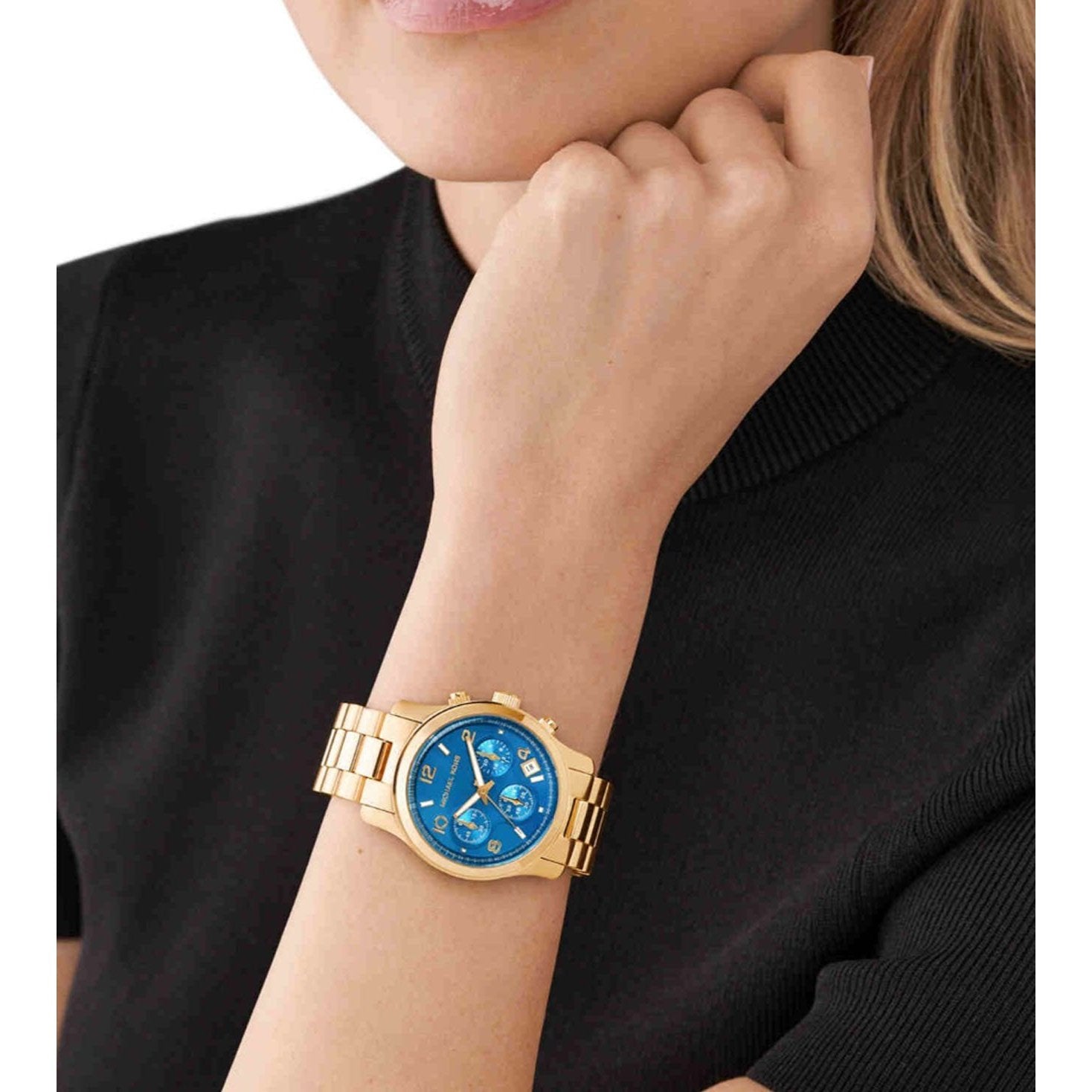 Michael Kors Runway Chronograph Blue Dial Gold Steel Strap Watch For Women - MK7353