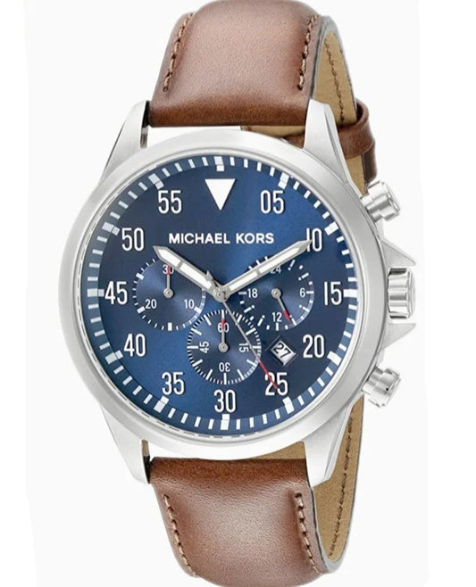Michael Kors Gage Chronograph Blue Dial Brown Leather Strap Watch For Men - MK8362