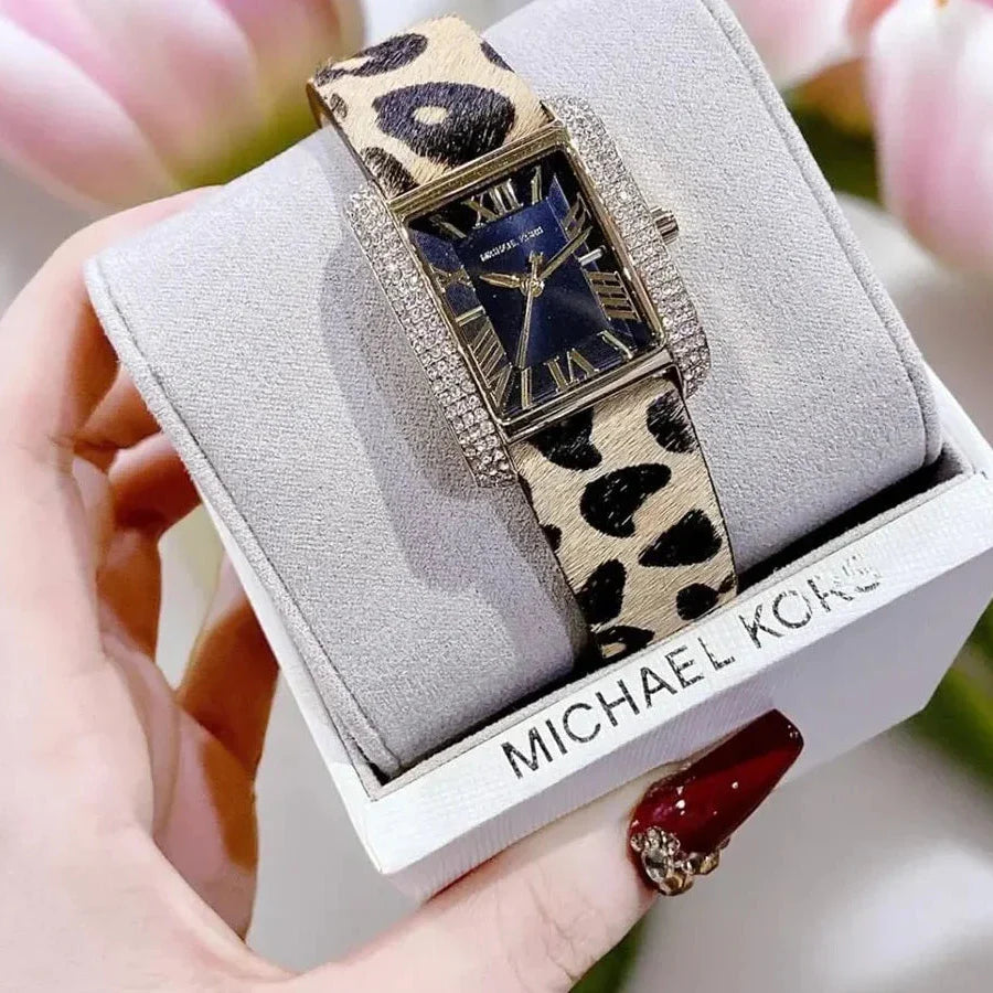 Michael Kors Emery Quartz Diamonds Black Dial Cheetah Print Leather Strap Watch For Women - MK7387