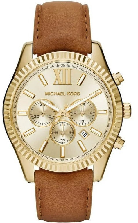 Michael Kors Lexington Chronograph Gold Dial Brown Leather Strap Watch For Men - MK8447