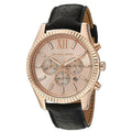 Michael Kors Lexington Chronograph Rose Gold Dial Black Leather Strap Watch For Men - MK8516