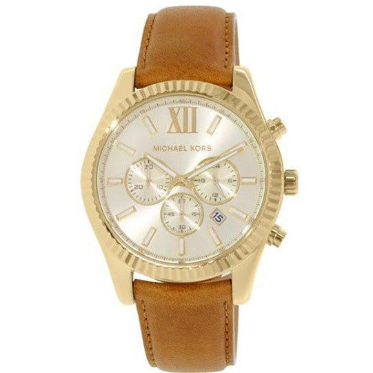 Michael Kors Lexington Chronograph Gold Dial Brown Leather Strap Watch For Men - MK8447