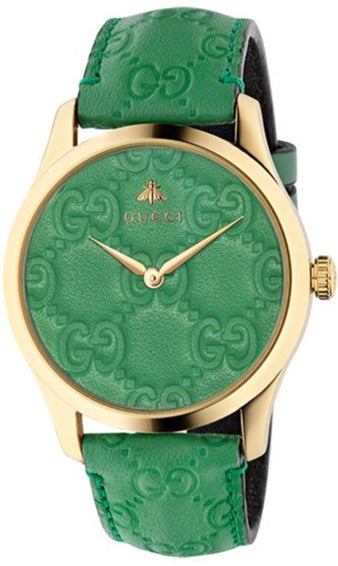 Gucci G Timeless Quartz Green Dial Green Leather Strap Watch For Women - YA1264099