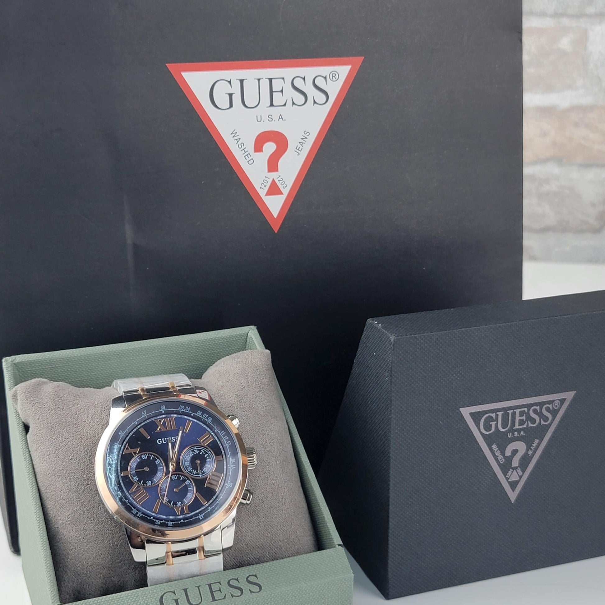 Guess Horizon Chronograph Blue Dial Two Tone Steel Strap Watch For Men - W0379G7