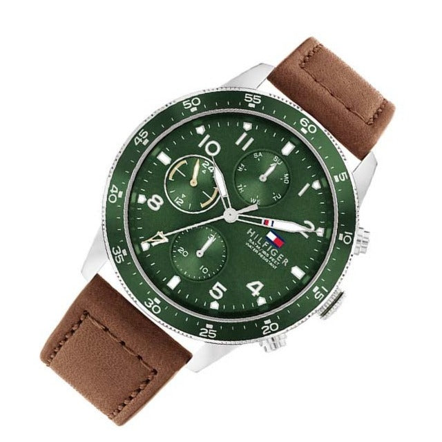 Tommy Hilfiger Jimmy Chronograph Green Dial Brown Leather Strap Watch For Men - 1791948