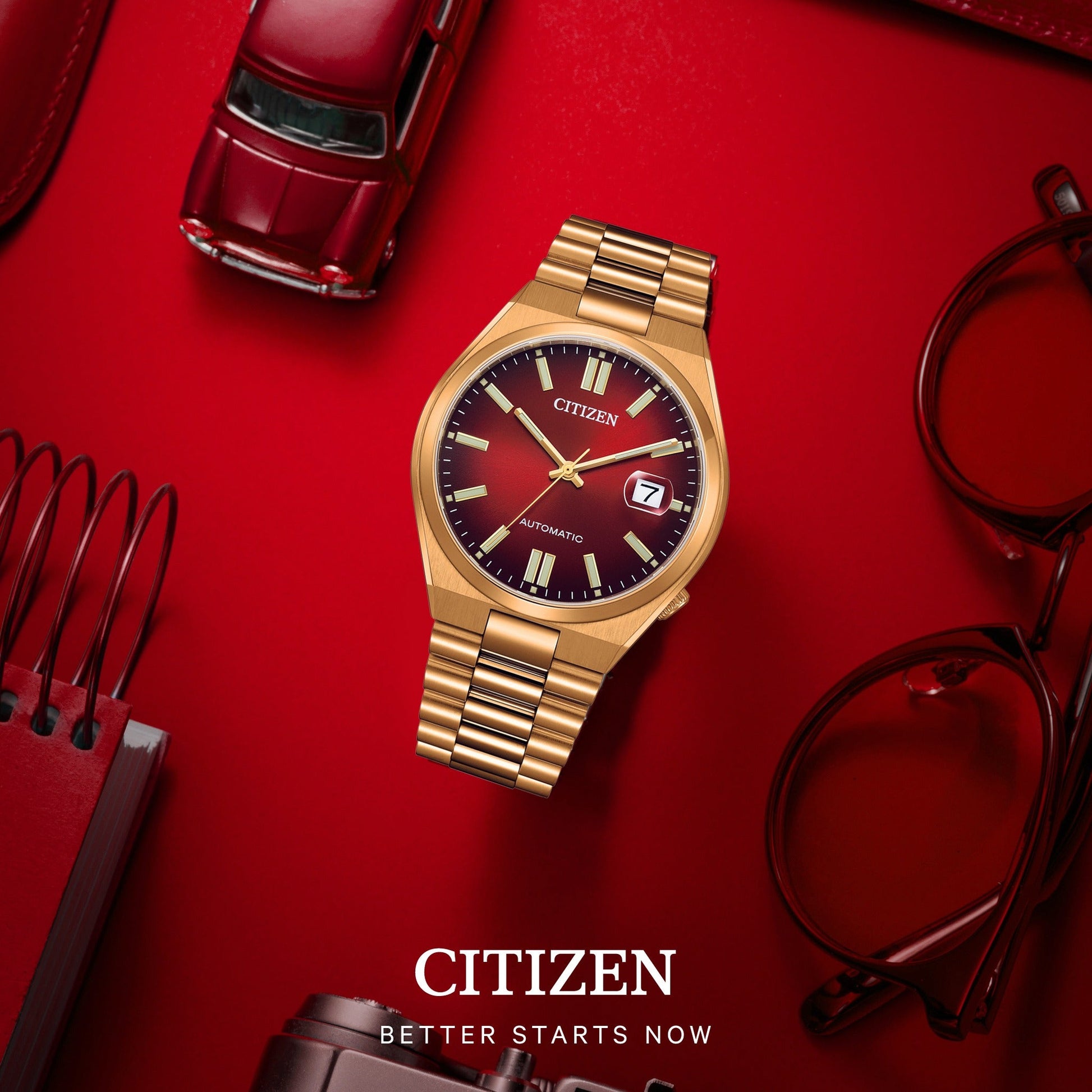 Citizen Tsuyosa Automatic Red Dial Gold Steel Strap Watch For Men - NJ0153-82X