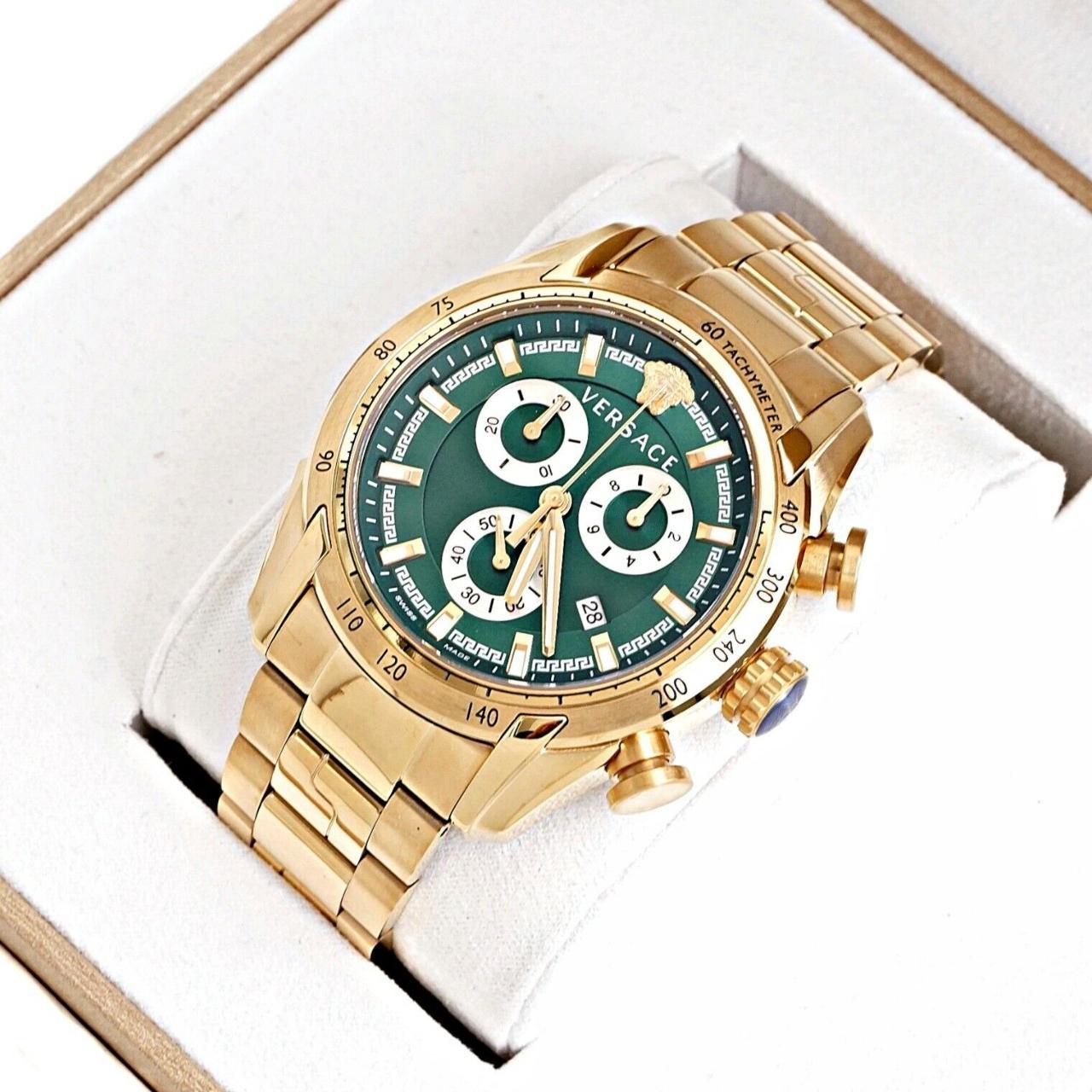 Versace V-Ray Chronograph Quartz Green Dial Gold Steel Strap Watch For Men - VE2I00621