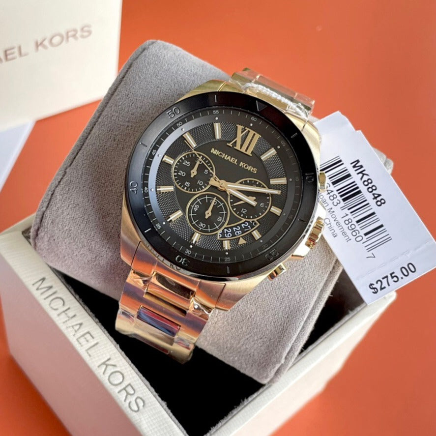 Michael Kors Brecken Chronograph Black Dial Gold Steel Strap Watch For Men - MK8848