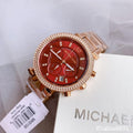 Michael Kors Parker Chronograph Red Dial Rose Gold Steel Strap Watch For Women - MK6106