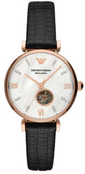 Emporio Armani Gianni T Bar Mother of Pearl White Dial Black Leather Strap Watch For Women - AR60047