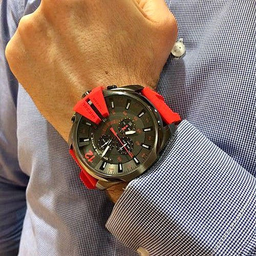 Diesel Mega Chief Chronograph Black Dial Red Silicone Strap Watch For Men - DZ4427