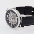 Emporio Armani Meccanico Skeleton Automatic Black Dial Black Leather Strap Watch for Men - AR60038