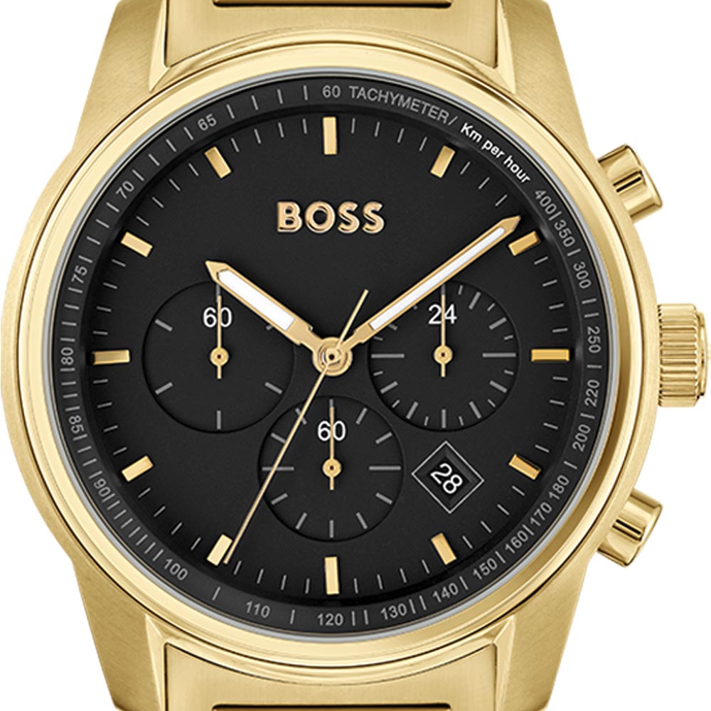 Hugo Boss Trace Chronograph Black Dial Gold Steel Strap Watch For Men - 1514006