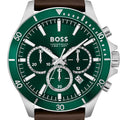 Hugo Boss Troper Chronograph Green Dial Brown Leather Strap Watch For Men - 1514098