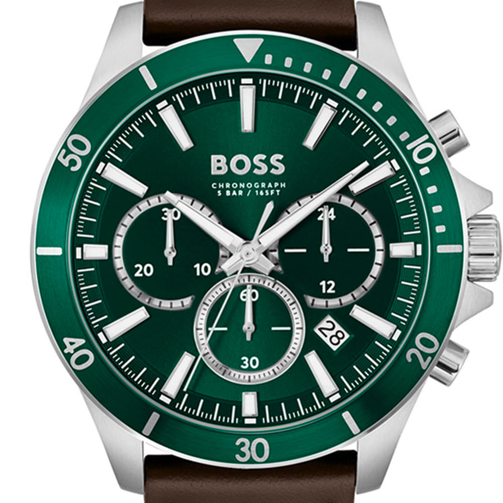 Hugo Boss Troper Chronograph Green Dial Brown Leather Strap Watch For Men - 1514098