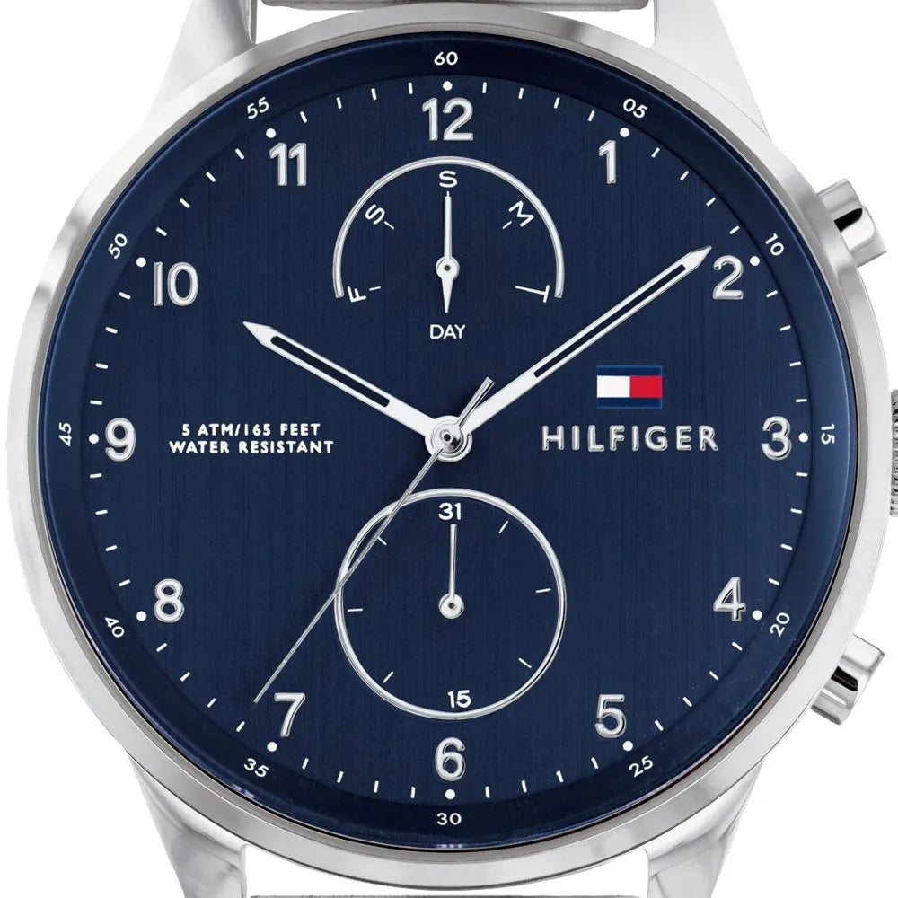 Tommy Hilfiger Chase Multifunction Blue Dial Silver Steel Strap Watch for Men - 1791575