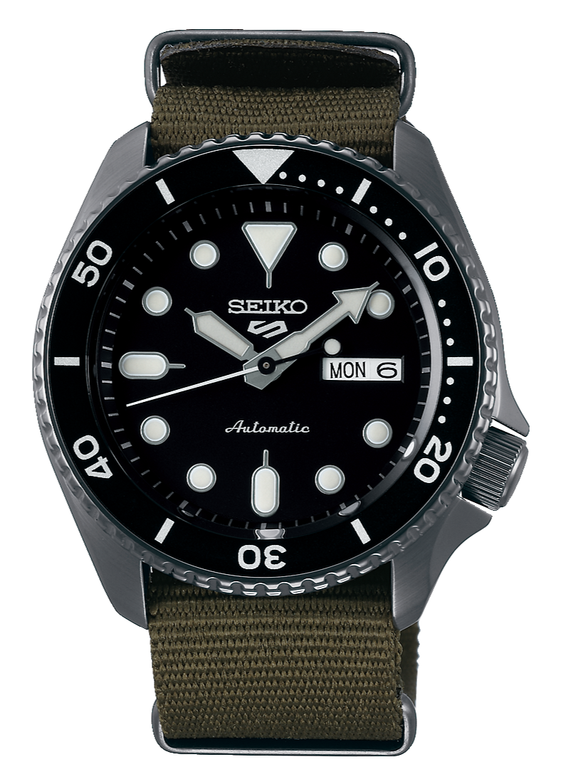 Seiko 5 Sport Automatic Black Dial Green Nylon Strap Watch For Men - SRPD65K4