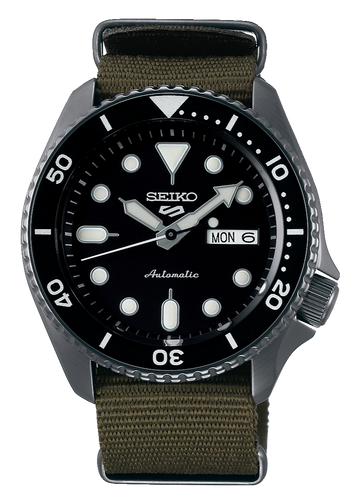 Seiko 5 Sport Automatic Black Dial Green Nylon Strap Watch For Men - SRPD65K4