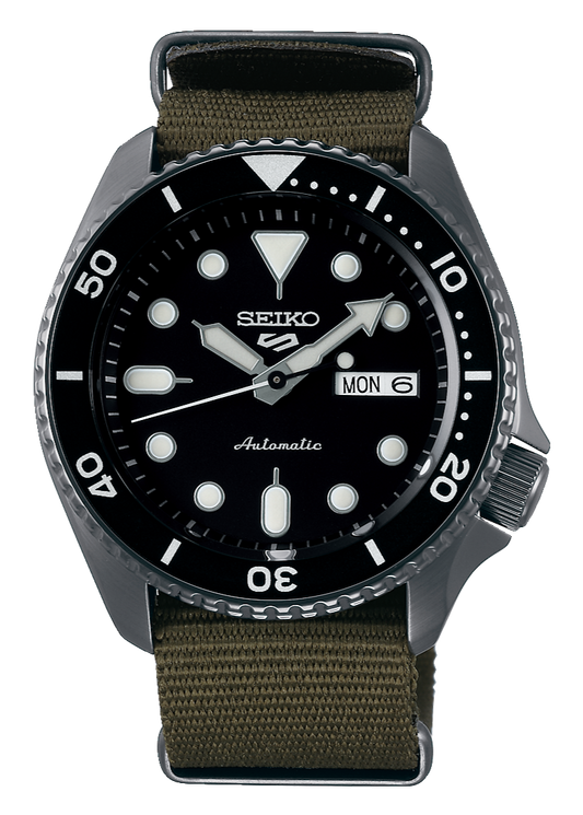 Seiko 5 Sport Automatic Black Dial Green Nylon Strap Watch For Men - SRPD65K4