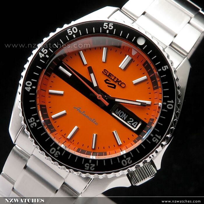 Seiko 5 Sports Double Hurricane Retro Orange Dial Silver Steel Strap Watch For Men - SRPK11K1