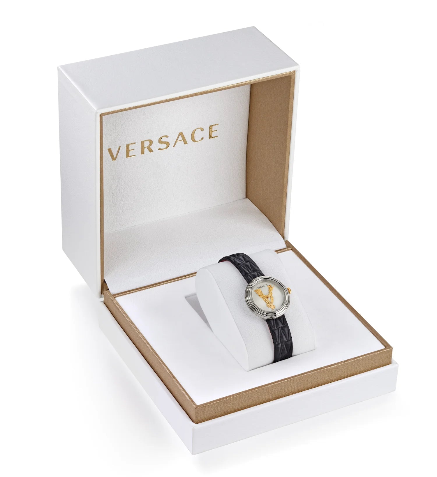 Versace Virtus Quartz White Dial Black Leather Strap Watch For Women - VET300421