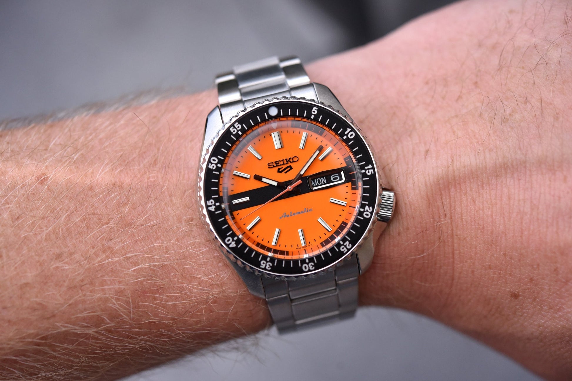 Seiko 5 Sports Double Hurricane Retro Orange Dial Silver Steel Strap Watch For Men - SRPK11K1