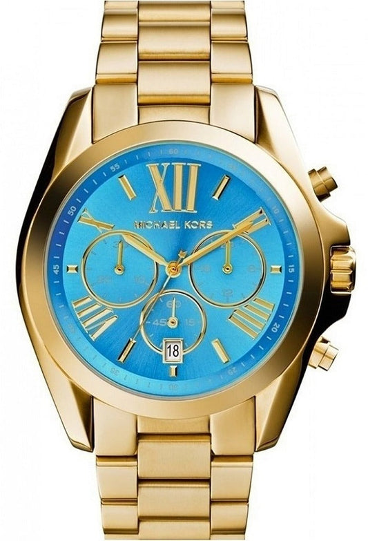 Michael Kors Bradshaw Chronograph Blue Dial Gold Steel Strap Watch For Women - MK5975