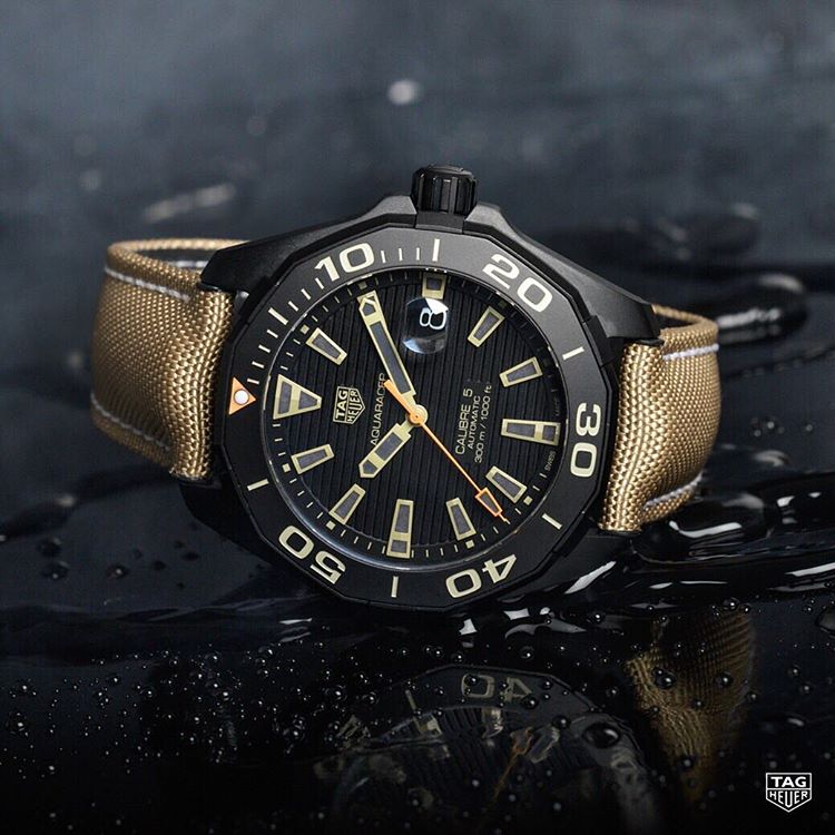 Tag Heuer Aquaracer 300 Calibre 5 Automatic Black Dial Brown Fabric Strap Watch for Men - WAY208C.FC6383