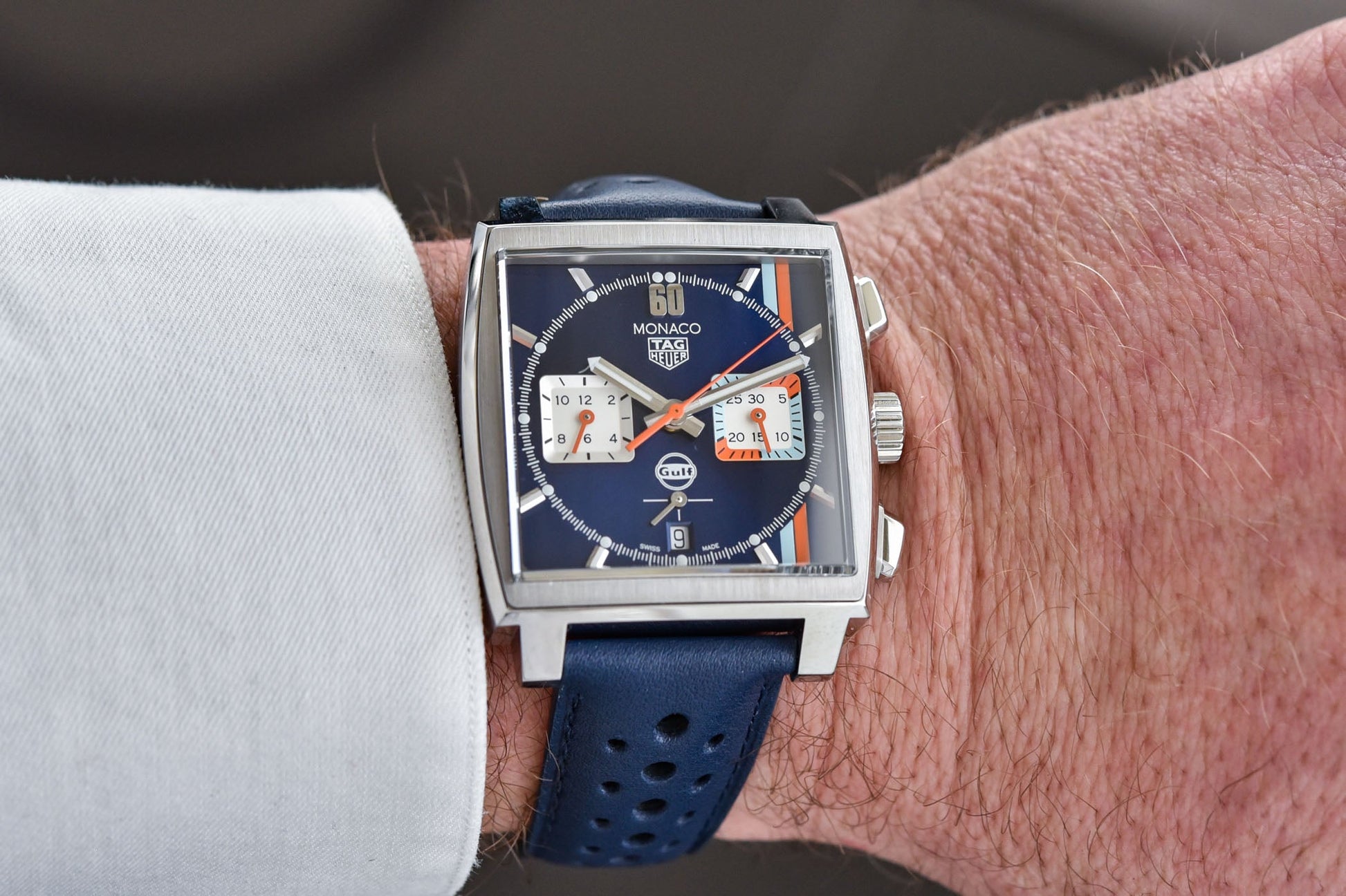 Tag Heuer Monaco Gulf Automatic Chronograph Blue Dial Blue Leather Strap Watch for Men - CBL2115.FC6494