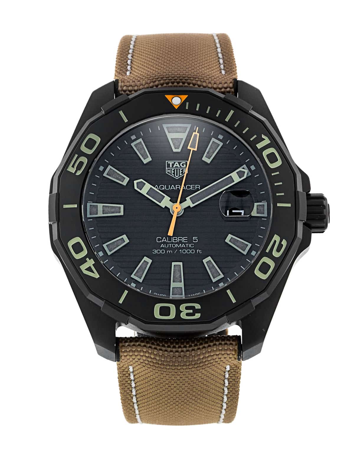 Tag Heuer Aquaracer 300 Calibre 5 Automatic Black Dial Brown Fabric Strap Watch for Men - WAY208C.FC6383