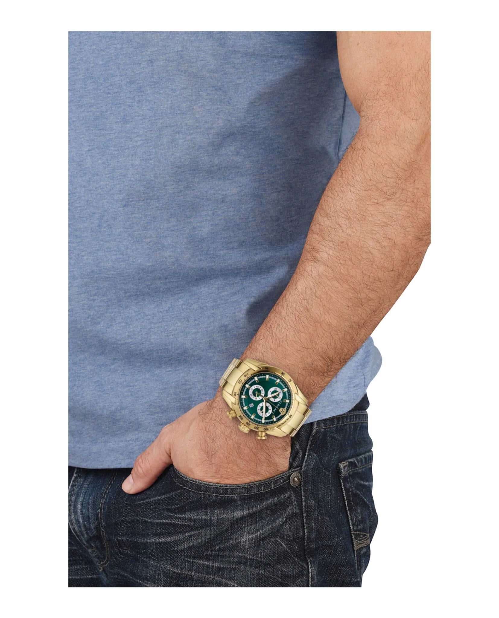 Versace V-Ray Chronograph Quartz Green Dial Gold Steel Strap Watch For Men - VE2I00621