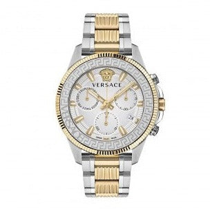 Versace Greca Action Chronograph Quartz Silver Dial Two Tone Steel Strap Watch for Men - VE3J00522