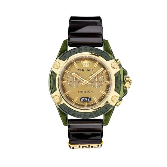 Versace Icon Active Chronograph Gold Dial Black Silicone Strap Watch For Men - VEZ700321