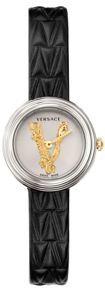 Versace Virtus Quartz White Dial Black Leather Strap Watch For Women - VET300421