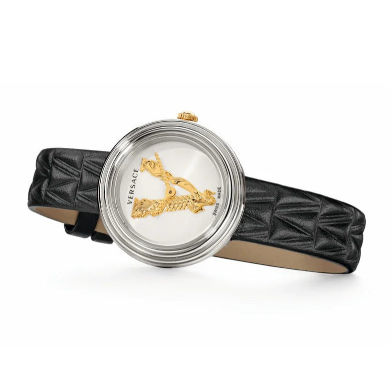 Versace Virtus Quartz White Dial Black Leather Strap Watch For Women - VET300421