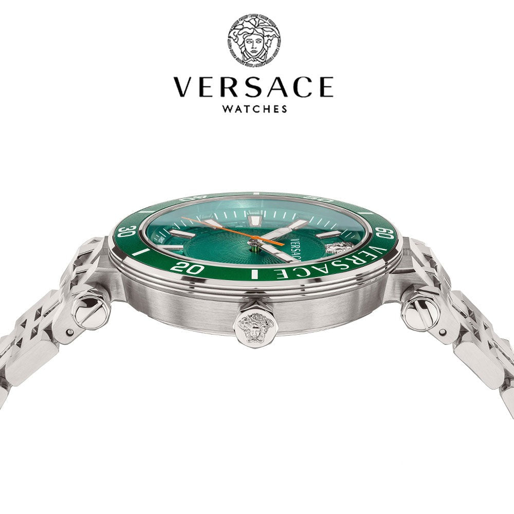 Versace Greca Sport Quartz Green Dial Silver Steel Strap Watch For Men - VEZ300421