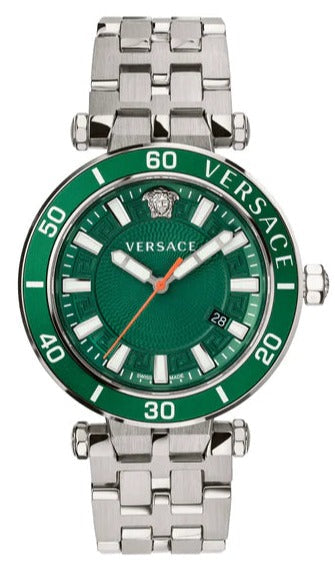 Versace Greca Sport Quartz Green Dial Silver Steel Strap Watch For Men - VEZ300421