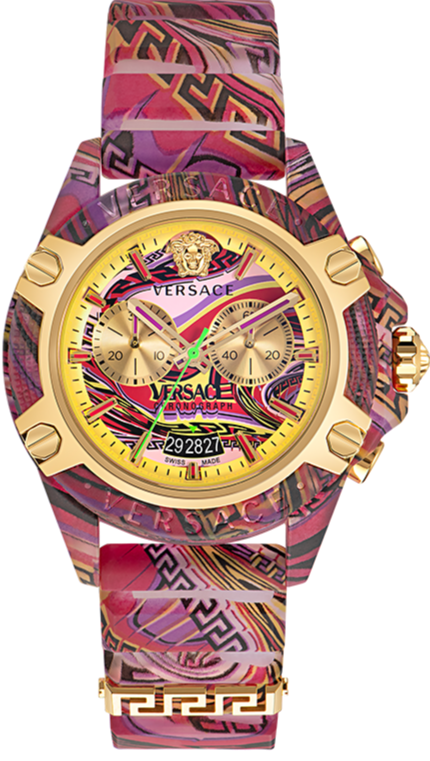 Versace Icon Active Chronograph Quartz Gold Dial Red Leather Strap Watch For Men - VEZ701222