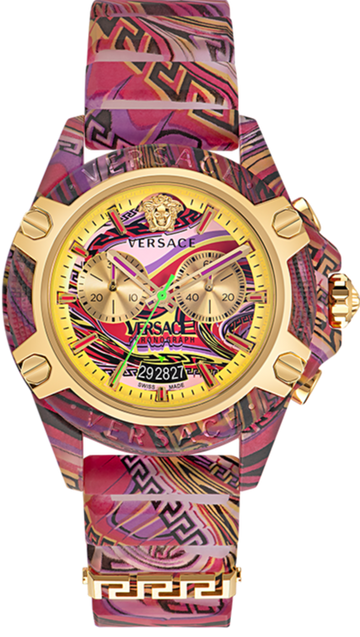 Versace Icon Active Chronograph Quartz Gold Dial Red Leather Strap Watch For Men - VEZ701222