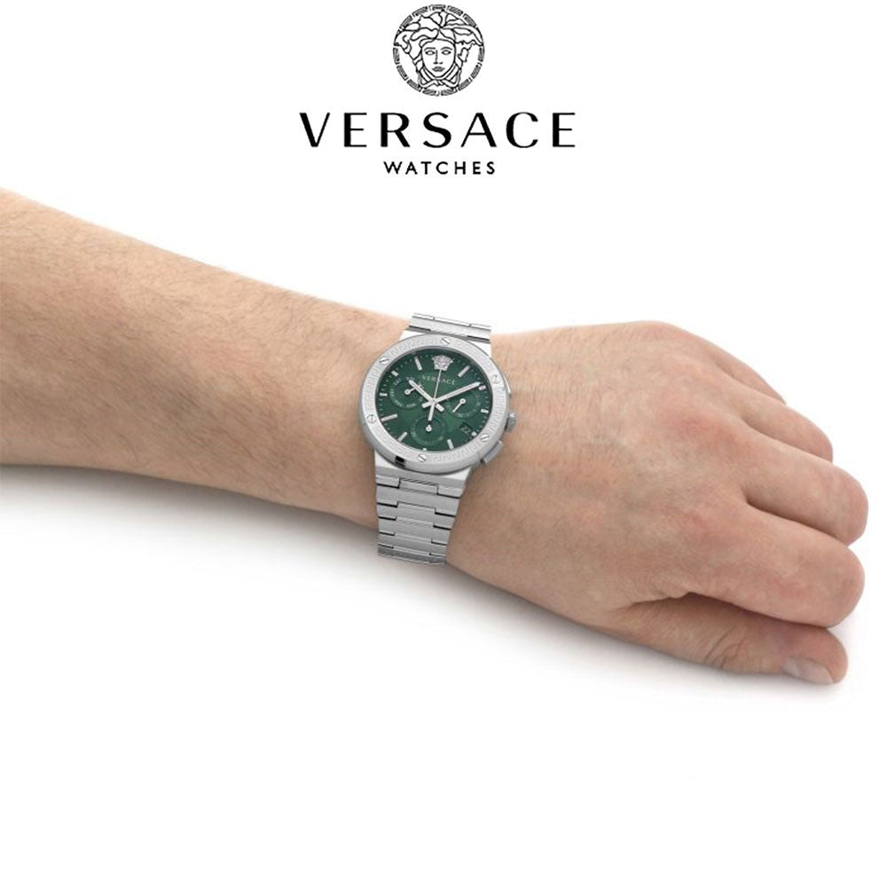 Versace Grace Chronograph Quartz Green Dial Silver Steel Strap Watch For Men - VEZ900121