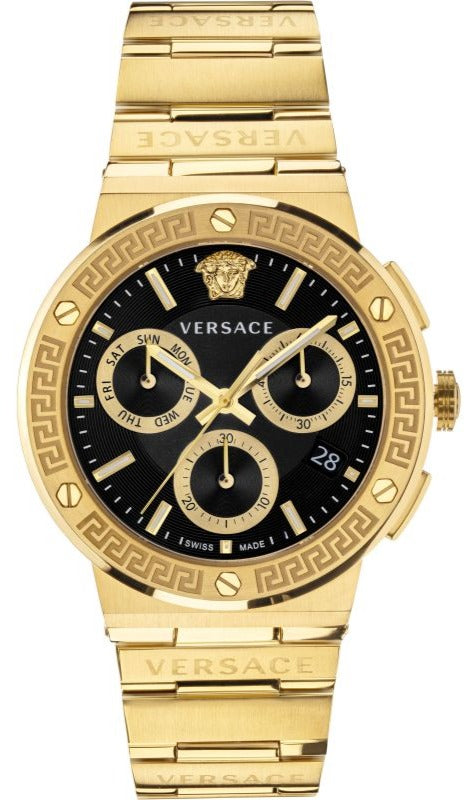 Versace Greca Chronograph Black Dial Gold Steel Strap Watch For Men - VEZ900421