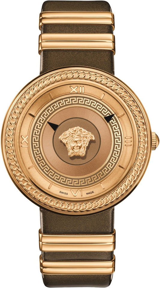 Versace V Metal Icon Gold Dial Brown Strap Watch for Women - VLC130016