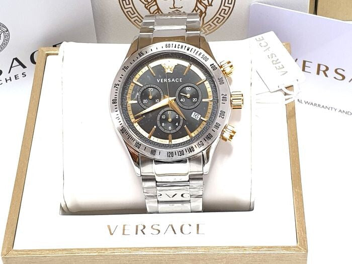 Versace Classic Chronograph Quartz Black Dial Silver Steel Strap Watch For Men - VEV700419